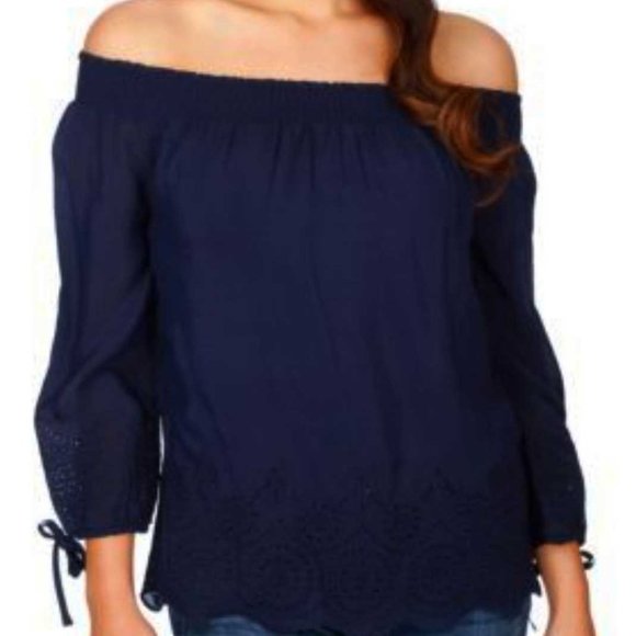 Tops - Lucky Brand Small Navy Off Shoulder 3/4 Sleeve Bow Detail Top